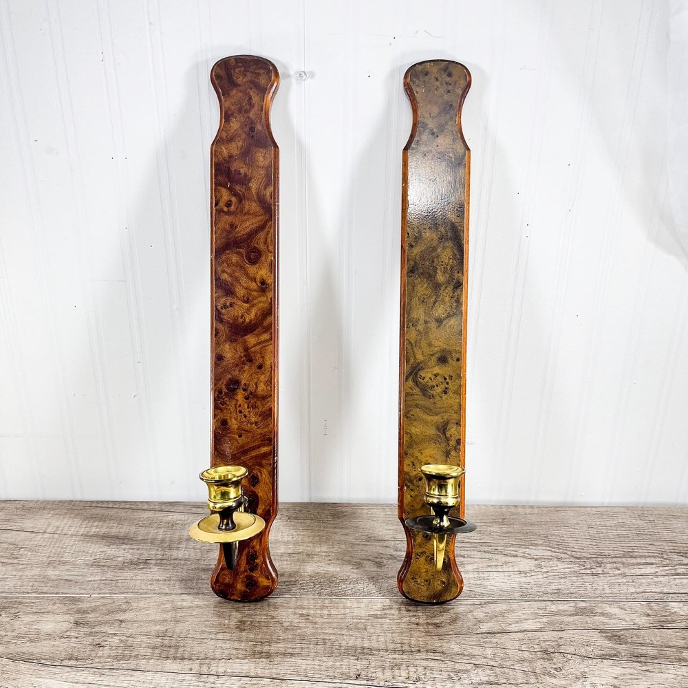 Vintage Wood Wall Sconce Candleholder Set - Midcentury Modern Decor